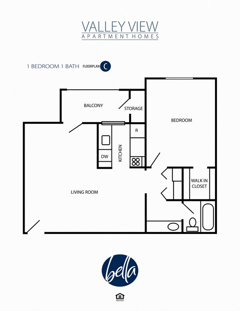 Floor plan for 1 bed, 1 bath, 720 sqft